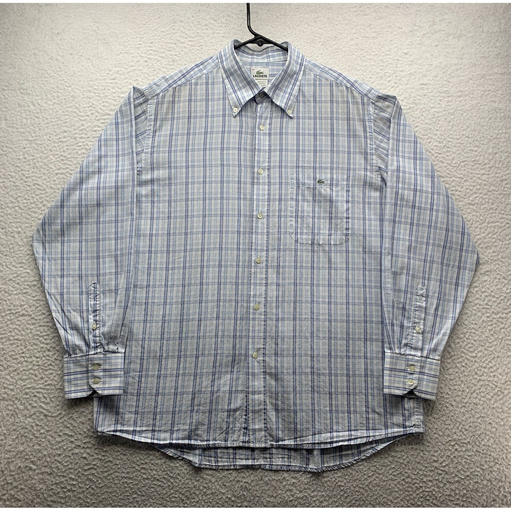 Lacoste Button Up Shirt Mens 44 XL Blue White Check Plaid Preppy Golf Casual Dad